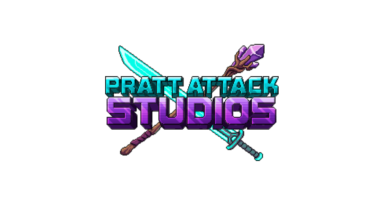 Pratt Attack Studios Logo: A pixel art crest featuring a crossed cyan sword and purple staff.