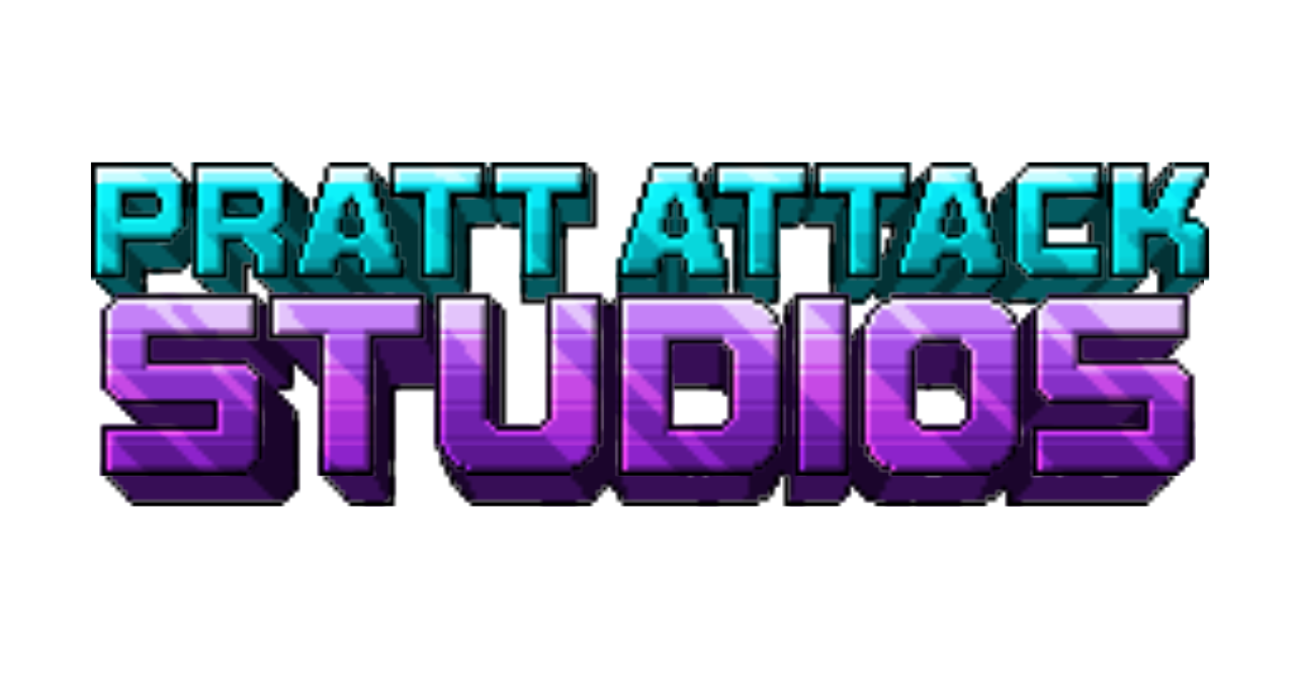 Pratt Attack Studios: Stylized pixel-art text logo in cyan and purple.